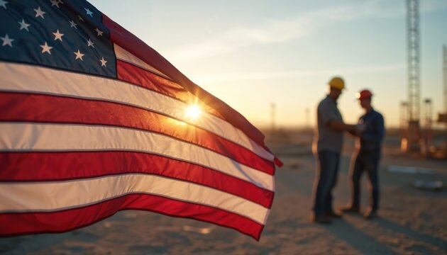 American flag waving at construction site. Workers in hard hats stand near building. Patriotic symbol of labor and work displayed during sunset. Team cooperation concept