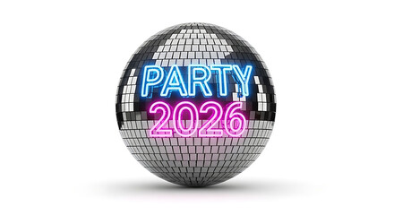 Shining disco ball featuring bright neon text 'PARTY 2026' on its reflective surface, ideal for promoting New Year's celebrations, anniversaries, or future festive events with a vibrant atmosphere