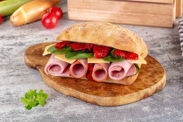 Ciabatta with mortadella, tomato, cheese and spinach
