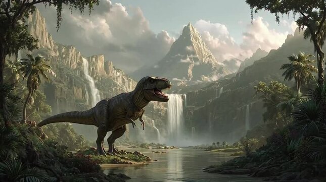 A tyrannosaurus rex roars in a prehistoric jungle landscape with waterfalls in the background 