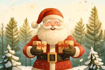 A cartoon santa claus holding a present in his hands in the snow
