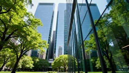 Glass skyscrapers and green trees in modern city