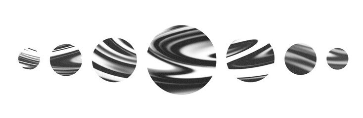 A set of futuristic drawings of planets with a wavy linear zebra pattern. Elements for the design on transparent background. Black white gray. Monochrome grainy. Planetary rings illustration. Symmetry