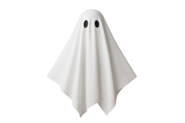 White sheet ghost costume with two black eye holes, draped over form on transparent background