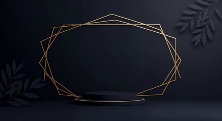 Golden geometric frame with stage and dark leaves