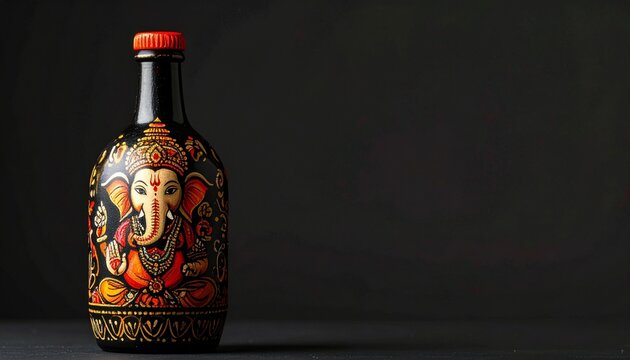 Close-up of a bottle painted in the traditional Patachitra style of Odisha, India, showing the Hindu god Ganesha.