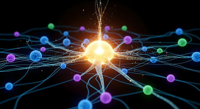 Illuminated neuron with connecting pathways and colorful nodes on a dark background rendering