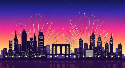 Vibrant Cityscape Skyline with Fireworks Display at Dusk.