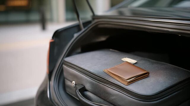 A packed suitcase, its zipper strained, sits in a city taxi trunk, its metal dented, unattended. A leather wallet, its edges frayed, holds a paper ticket, its creases worn, and a plastic water