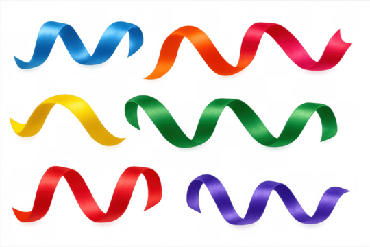 Colorful satin ribbons swirling, set of bright curly decorations for party celebration design on transparent background