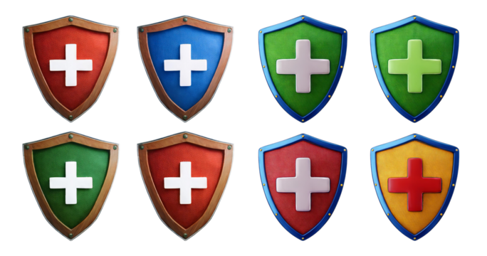 Colorful Shields with Plus Symbols for Health or Protection Themes, isolated on transparent background