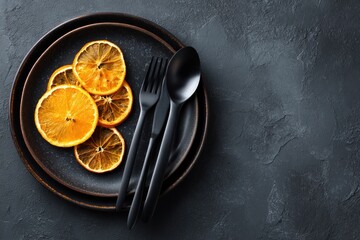 Overhead shot of a plate with dried orange slices and black cutlery set
