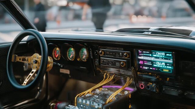 A street racer fine-tunes a nitrous system in a backyard shed with hoses connecting, gauges flickering, scattered wrenches on a workbench, and a radio playing rock anthems, depicted in a intricate