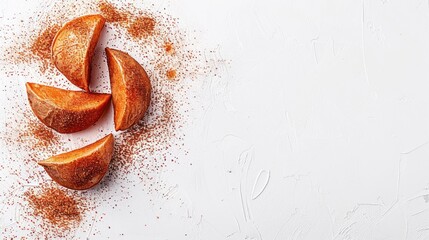 Cut Orange Slices with Vibrant Skin and a Dusting of Red Spice on a Light Textured Background