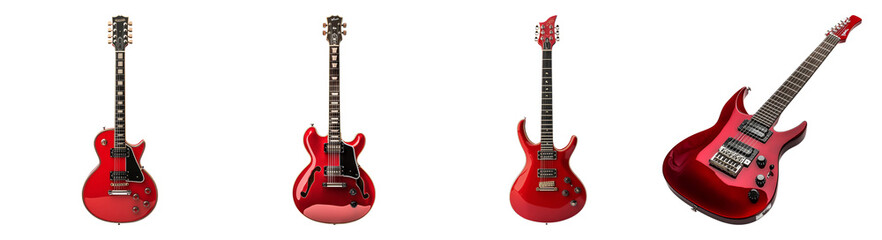 Obraz premium Red Electric Guitars in Various Angles and Perspectives for Musicians, PNG bundle collection, Isolated on Transparent Background