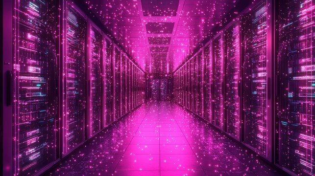 Server room aisle with pink glow and floating digital particles