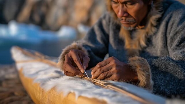 An Inuit elder, their hands steady, repairs a sealskin kayak, its surface taut. A bone needle, its tip sharp, stitches the seams. A fur mat, its fibers matted, cushions the ground. A frozen shore,