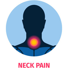 Silhouette of a person experiencing neck pain with a glowing red and yellow area on their throat set against a light blue circular background with blue shoulders and text that reads NECK PAIN in pink