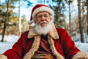 A man dressed as Santa Claus sitting on a sled in the snow