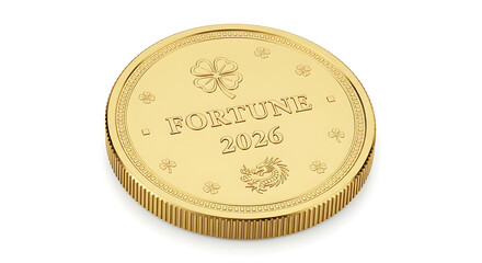 Gold Coin with 'Fortune 2026' and Clover, Symbolizing Prosperity and Luck