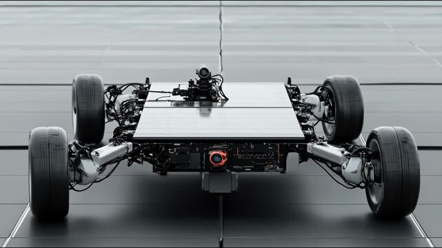 An industrial-styled image of a car chassis, wheels attached, central computer, and camera on top, grey background