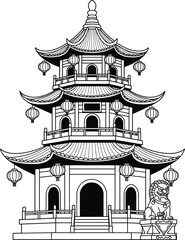 Traditional Asian pagoda temple line art illustration with ancient architecture details, cultural heritage monument, minimal black and white vector design.