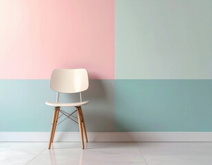 A white modern minimalist chair with wooden legs sits centered against a bright color-block wall painted in soft pastel pink, light mint green, and turquoise, evoking a feeling of solitude.