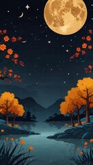 Large golden full moon and stars in dark night sky above calm lake Orange autumn trees and mountains reflect in water