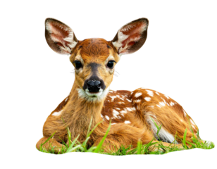 An adorable fawn lies down in the grass, its spotted coat visible, isolated on transp  (3)