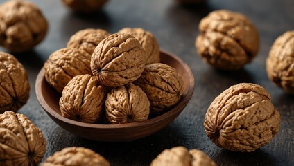 Numerous whole walnuts in their shells are arranged in a small wooden bowl and scattered on a dark textured surface