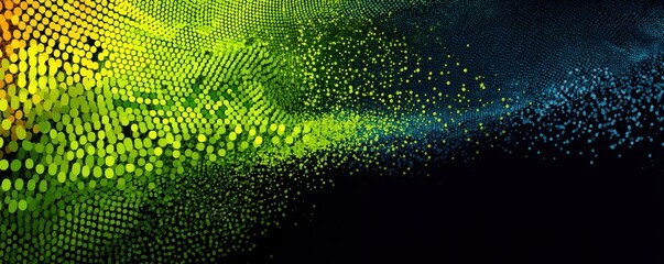 Abstract gradient background with green and blue dot patterns on black