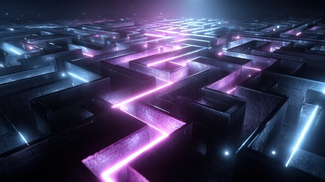 Futuristic neon holographic maze challenge in a high-tech environment digital art virtual reality 3d perspective