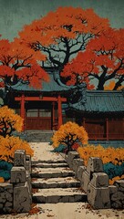 Japanese temple with red torii gate and vibrant red orange autumn foliage Stone steps lead to the traditional building