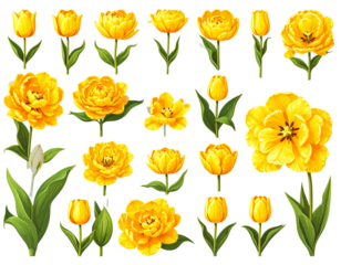 A collection of yellow tulips flower isolated on a flat background