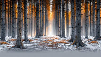 Forest Scene with Tall Trees and Soft Light Filtering Through Orange Leaves in Winter Landscape