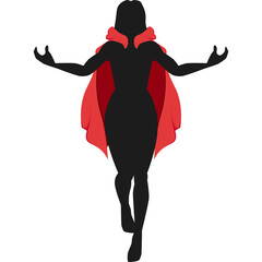 Silhouette Of A Woman Wearing A Red Cape With Arms Extended In A Powerful Pose Against A White Background