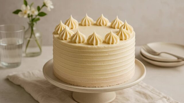 Elegant cake with smooth frosting and piped decorations, captured at eye level. Perfect for a baking video showcasing dessert artistry. Live desktop wallpaper.