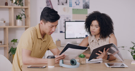 Documents, creative agency or people with planning, article feedback and fact check for news...