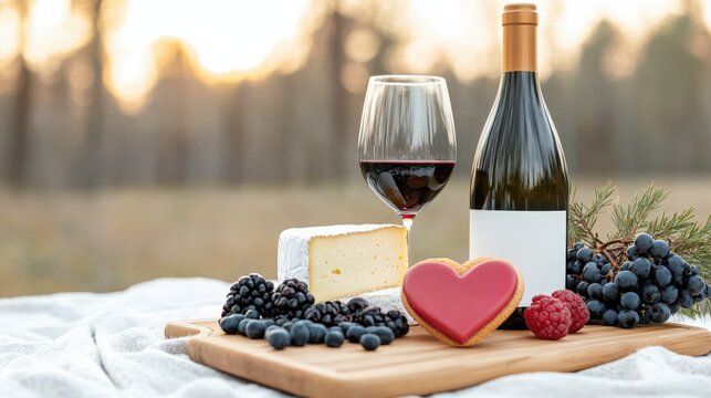 A romantic evening with a bottle of red wine, cheese, and fresh berries displayed on a wooden board in a beautiful outdoor setting during sunset.