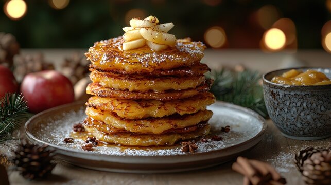 Stacked pancakes topped with apples and syrup on plate; festive background