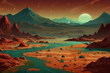 Stylized alien desert featuring a turquoise river red earth rugged mountains and a large green sun under a starry sky