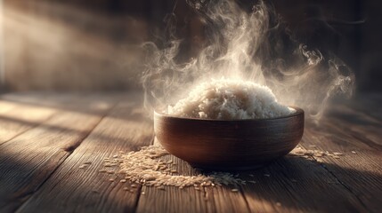 Steaming white rice bowl rustic kitchen food photography natural lighting close-up viewpoint culinary art