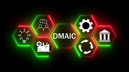 DMAIC Artificial intelligence agents network connecting diverse business functions including security. Business growth, success, and partnerships are highlighted in futuristic neon green