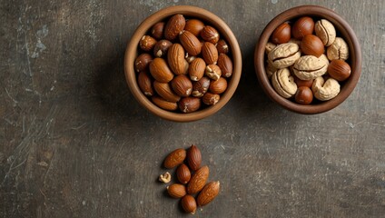 Two wooden bowls containing a variety of almonds hazelnuts and macadamia nuts on a dark textured surface viewed from