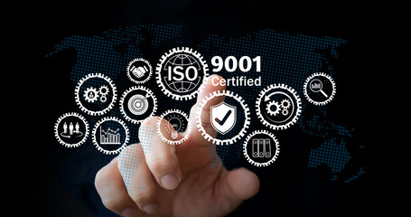 ISO 9001 certified quality management system concept showing business standard and process...