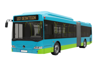 Isolated articulating public transit bus with blue and green color scheme, side view