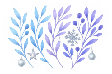 Watercolor winter foliage set with blue and purple leaves, berries, snowflake, and christmas ornaments, transparent background