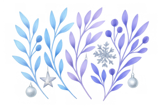 Watercolor winter foliage set with blue and purple leaves, berries, snowflake, and christmas ornaments, transparent background