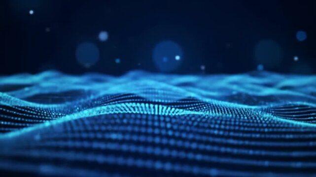 Mesmerizing digital wave of electric blue & cyan glowing particles, undulating fluidly against an infinite indigo void, with subtle anamorphic bokeh, high-tech data visualization concept