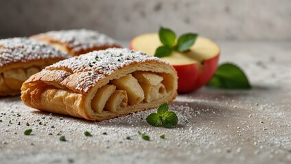 Golden  strudel slices with powdered sugar and fresh mint leaves A sliced red  on a textured grey background
